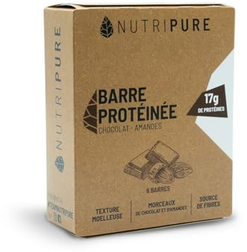 Nutripure - Barre Protéinée Sans Édulcorants - Chocolat Amande - 6 Barres | 17g Protéines - Collation, Pre ou Post Effort - Maintient Masse Musculaire - Apport Protéiques - Moelleux - Made in France