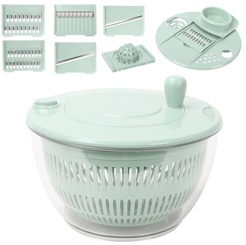 Yallmie Salladsslunga 5 l stor sallad slangbella med lock salladsskål med 5-bladsskärare och kuldrift & äggulaseparator för frukt och grönsakshyvel och torkning, grön