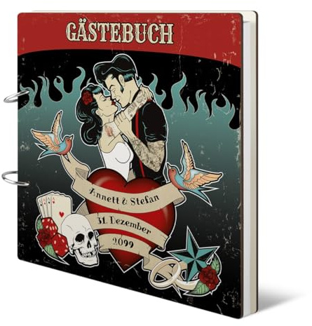 Hochzeit Gästebuch Holzcover 215 x 215 mm 144 Naturpapier Innenseiten personalisiert - Rockabilly