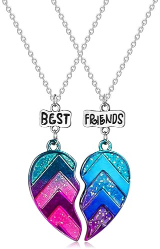 MJartoria BFF Necklace for 2-Matching Heart Best Friends Forever Rainbow Pendant Friendship Necklace Best Friend Necklaces (Blue)