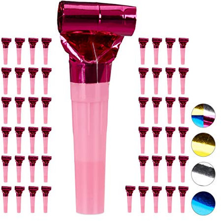 Relaxdays 50x Trombette da Festa, Set di Fischietti per Bambini, Compleanno, Carnevale, Party-Kit, Carta, Rosa