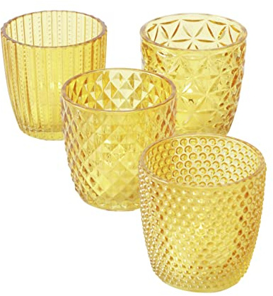 Boltze Marilu 2001878 - Set di 4 portacandele (gialle, bicchieri decorativi per candele/tealight, Ø 8 cm, diversi motivi, forma rotonda, portacandele)