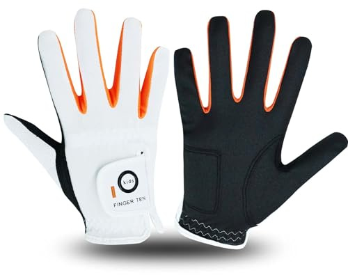 FINGER TEN Golf Gloves Kids All Weather Soft for Left and Right Hand Rain Grip Breathable Value Pair, Golf Gloves for Girls Boys Wear-Resistant Non Slip Comfortable (White/Black, Large)