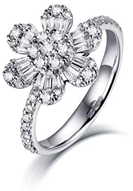 BCughia Zarter Ring, Ehering Platin Weiß Trapezschliff Diamant 14 Karat Weißgold Blumendesign Hochzeit Ringe Damen Größe 58(18.5)