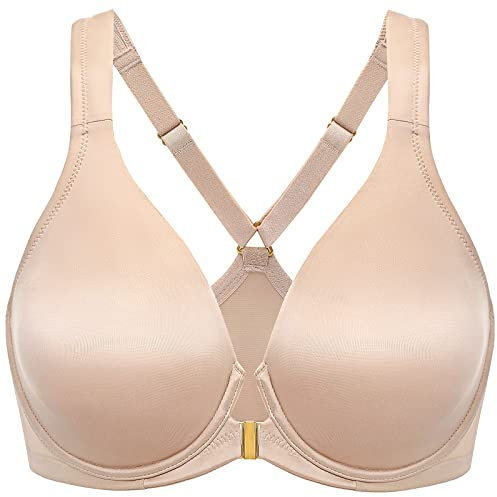 Delimira Women's Front Fastening Bras Plunge Plus Size Underwired Racer Back Unlined T Shirt Bra Beige 44B
