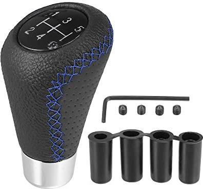 X AUTOHAUX Auto Schaltknauf 5 Gang Universal Schwarz 1 Stück PU Leder | Blau Stiche, Metall, 5,5X5X9 Cm, 17 Mm Bohrung, M5X0,8 Gewinde, 4 Adapter 8-14 Mm, Inkl. Schrauben & Schlüssel