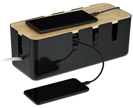 Relaxdays Kabelbox, für 2 Steckdosenleisten, Holzdeckel, Kunststoff, Kabel verstecken, HBT: 11,5x30,5x12,5 cm, schwarz