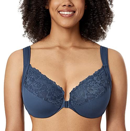 Delimira Women's Front Fastening Bras Unlined Lace Plus Size Support Underwire Sargasso 44D