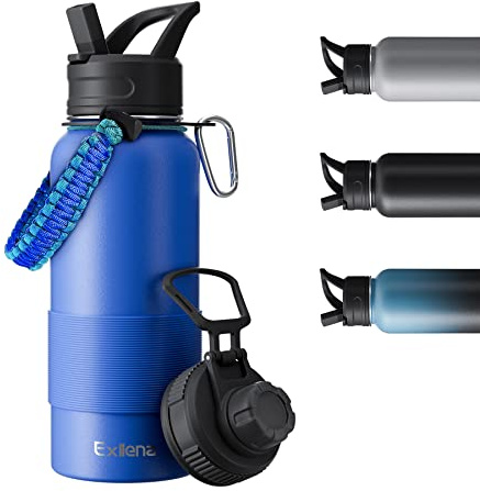 Exllena Trinkflasche 1L mit Zwei Deckeln, Edelstahl Wasserflasche Doppelt Isoliert mit Silikonhülle und Paracord Griff Praktisch - Blau