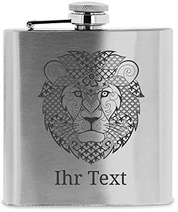 Flachmann Männer personalisiert, Edelstahl 190 ml, Zentangle Löwe | Flachmann mit Gravur für Herren – Löwen-Motiv mit Namen, Geschenk für Papa, Opa oder den Trauzeugen