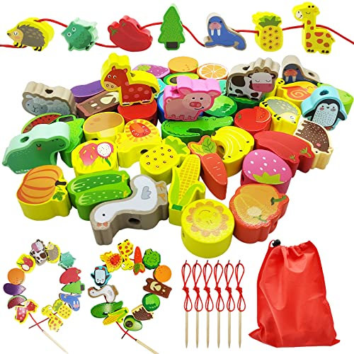 NINGESHOP Montessori Holzspielzeug FäDelspiel, 42 Stück Holzspielzeug Motorikspielzeug Tier Gemüse Obste Fädelperlen, Lernspielzeug Geschenk für 3 4 5 Jahr MäDchen Jungen Kinder