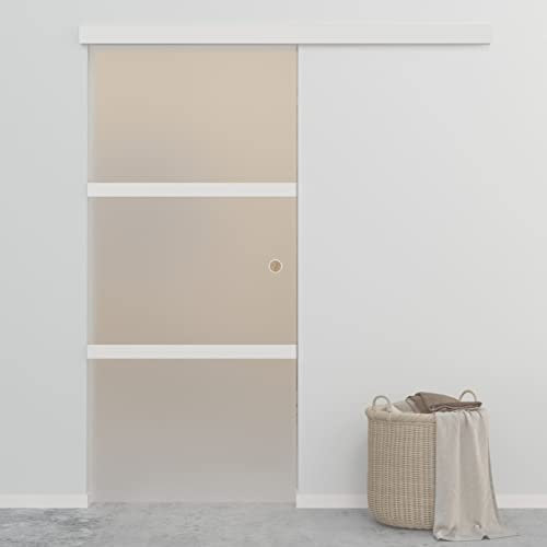 ZEYUAN Schiebetür ESG-Glas und Aluminium 90x205 cm Silbern - 1 x Aluminiumschiene,3 x Mattglas,1 x Abdeckleiste,1 x Bodenführung,2 x Türstopper,1 x Türknopf,2 x Bausatz,2 x Schienenverbinder