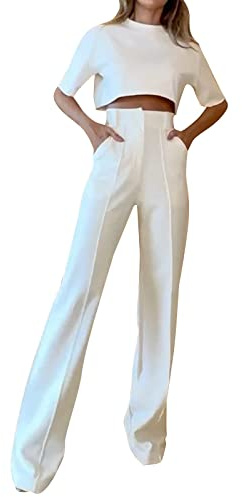 Casual 2 piezas Trajes de manga corta camiseta blusa pantalones monocolor conjunto trajes mujer mono elegante, Blanco, S