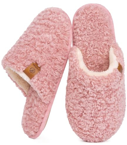 EverFoams Women's Fuzzy Slip-on Slippers Warm Cozy Soft Lightweight Memory Foam Indoor House Shoes Pink, 9-10 US