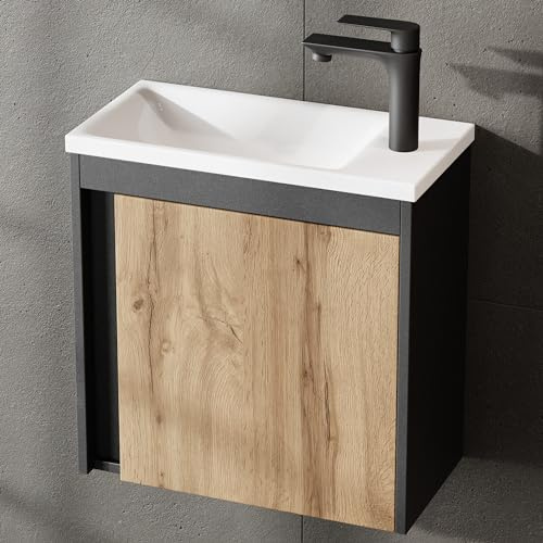 Planetmöbel Ensemble de Meubles de Salle de Bain 2 pièces Lavabo avec Meuble sous Vasque 50 x 48,3 x 24,8 cm Gris Mat/chêne Wotan, Meuble sous Vasque avec Vasque à Poser Blanche