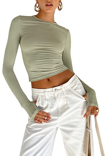 Top de Camiseta Corta de Manga Larga básica de Manga Larga para Mujer Y2K Tops TikTok Crop Top Club Party E-Girls Streetwear(Green-b, L)