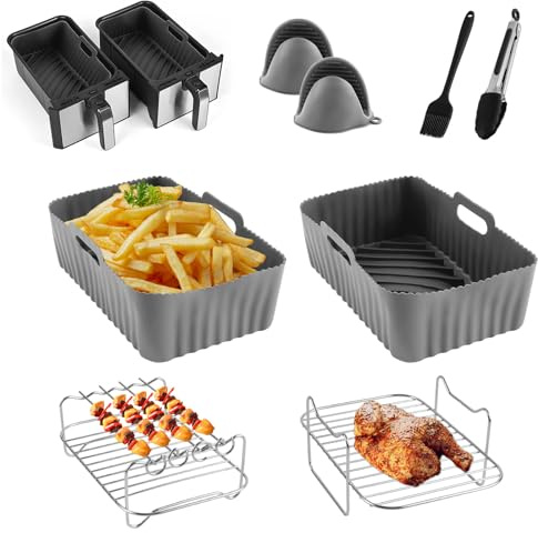 CINEMON 8-Stück Airfryer Zubehör Set, Silikonform für Zubehör Heißluftfritteuse für Ninja AF300EU / AF400EU und Anderen Dual Zone Heißluftfritteuse (8-Stück, Grau)