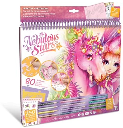 Nebulous Stars 11373 - Kreatives Skizzenbuch Lilyaz & Viviaz, Malbuch Set mit 35 illustrierten Seiten in rosa, Schablonen mit 80 Motiven, 4 Abreibebilder, 250 Stickern, 12 Buntstiften und Anleitungen