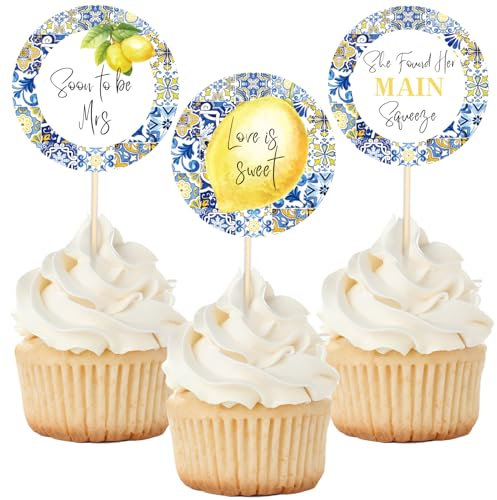 AnyDesign 24Pcs Blue White Tiles Lemon Cupcake Topper Sweet Fruit Theme Summer Lemonade Cupcake Picks for Wedding Engagement Bridal Shower Bachelorette Party Decorations