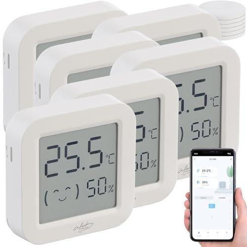 infactory Luftfeuchtigkeitsmesser: 6er-Set Mini-Thermo-/Hygrometer, Komfort-Anzeige, LCD, Bluetooth, App (Temperatur Bluetooth, Raum Thermometer, Feuchtigkeitssensor)