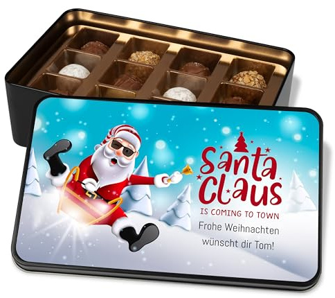Pralinendose personalisiert „Santa Claus is coming to town“ - 12 Confiserie-Pralinen in Metalldose – Schokolade Geschenk zu Weihnachten