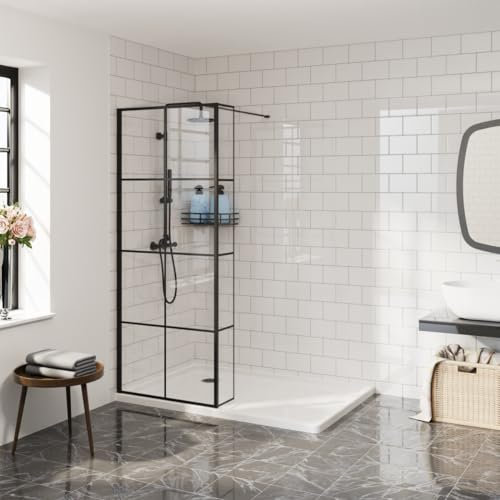 Aquariss 700mm Walk in Wet Room Shower Enclosure 8mm Clear with Grid Easy Clean Glass Screen Panel with 215mm Return Panel Black Framed