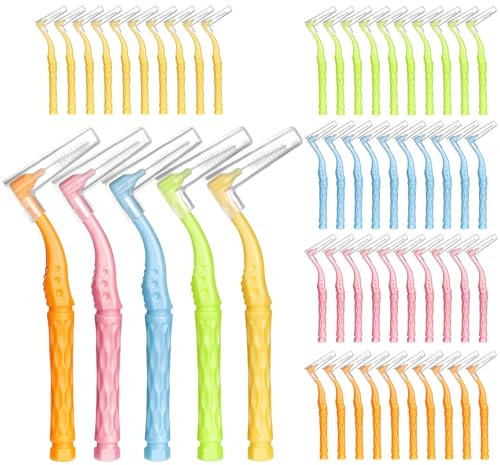 RAYITO 50pcs Interdental Brushes, 5 Sizes Soft Dental Brushes with Non-Slip Handle Angled Head Tooth Picks Floss Sticks Dental Floss Brushes for Braces Oral Cleaning Narrow Gaps Between Teeth