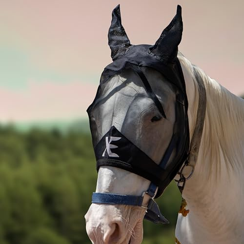XE Horse Fly Mask with Ears –Breathable Mesh Horse Mask for UV Protection and Equine Fly, Standard Equestrian Pink Horse Fly Mask (Half Black Mask, Cob (M))