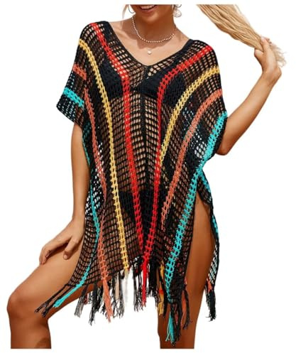 Jinsha Vestiti-Abito Spiaggia-Bikini Beach-Copri Cover-up - Woman Dress Corto Costumei Uncinetto Maglia Scollo V-Collo Camicia Boho Pareo Top Tunica da Spiaggia Bagno Mare Estivo Donna Vestiti Gonna