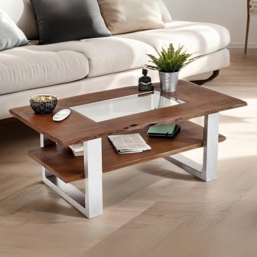 SAM Couchtisch 115x65 cm Patrick, Sofatisch mit Ablage und Glasplatte, Akazienholz massiv + nussbaumfarben, Beistelltisch mit silbernem U-Metallgestell, echte Baumkante