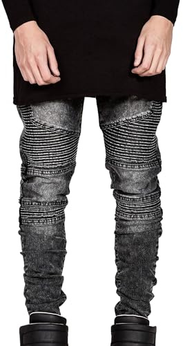 Jeans Slim Stretch pour Hommes Biker Deco Pantalon en Jean lavé Jeans Skinny Skinny Moto (Gris,32)