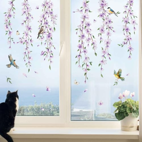 Supzone Fensteraufkleber Hängende Blumenranke Lila Fensterbilder Lila Blumen Vögel Fenster Abziehbilder Sommer Frühling Anti-Kollision Fensterfolie Glastüren Fensterdeko Aufkleber
