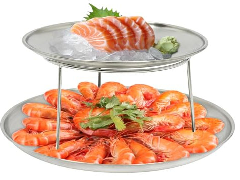 Assiette à fruits de mer à 2 niveaux - Plateau de service rond - Pour banquets, buffets, fruits de mer, cupcakes, biscuits - Facile à nettoyer - Argenté