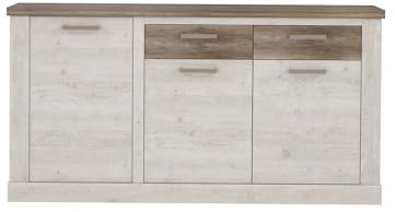 möbelando Sideboard >Duro< 3 Türen, Pinie Weiss/Eiche Antik Dekor - 172,2x90,3x41,3cm (BxHxT)