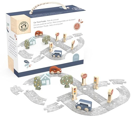 SPEEDY MONKEY Montessori Wooden Car Track Set for Early Learning | Road Puzzle Toy with Interlocking Track Pieces & Toy Car | Supports Problem Solving & Motor Skill Development for Kids Ages 3+