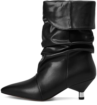 Fuazuzu Womens Black Slouchy Mid Calf Wide Boots for Women Kitten Heel with Pointed Toe Pull On Boots Fall Winter Booties Size 9