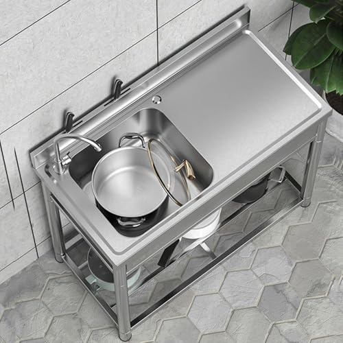 Acciaio Inox Professionale Lavello da Cucina Commerciale con Piattaforme di Lavoro e Rubinetto, Lavello da Esterno Autoportante con Ripiano di Stoccaggio per Garage, Lavanderia, 100 x 50 x 90 cm