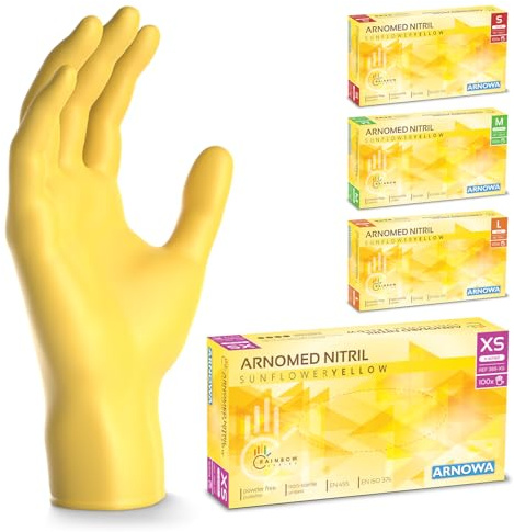 500x ARNOMED® Guanti nitrile XS Giallo, Guanti monouso senza polvere e lattice, Guanti plastica usa e getta dermanytril, Per cucina, pulizia casa, alimenti e tattoo XS, S, M, L, XL