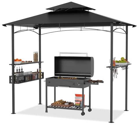 Naizy Grill paviljong 2,4 x 1,4 x 2,5 m BBQ grillpaviljong med dubbla lager polyester trädgårdspaviljong inkl. metallhylla förvaringskorg och fler krokar trädgårdstält för fest BBQ, svart
