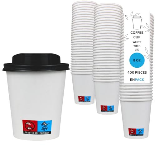 Enpack Weiße Pappbecher mit Deckel 200 ml aus Kraftpapier 400 Stück - Kaffeebecher to go zum servieren von Tee, Kaffee, Glühwein oder anderen Getränken - Coffee To Go Becher