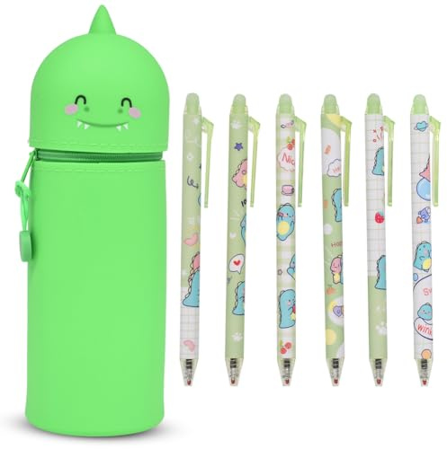 2 in 1 Dinosaurier Federmäppchen Kinder Aufstellbares Stifteetui Silikon Erweiterbar mit 6 Radierbaren Gelstiften Lustiges Cartoon Schreibtisch Organizer Jungen Mädchen Schüler Geschenk Schule