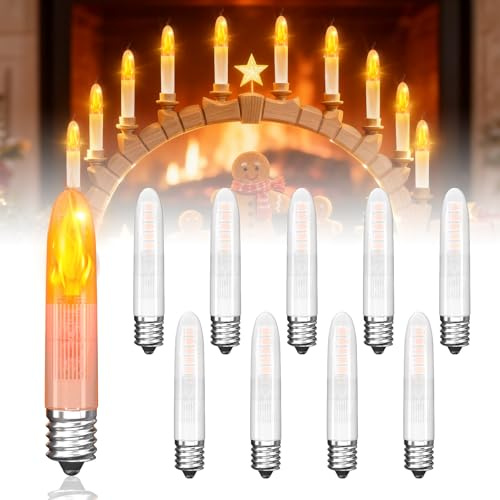 Lamptobe E10 LED Glühbirne - 10 Stück, Flackernde Flamme LED Kerzen E10 AC 15-55V Spitzkerzen Birnen für Schwibbogen Warmweiß 1800K Flackernde Glühbirne 3lm, Nicht Dimmbar