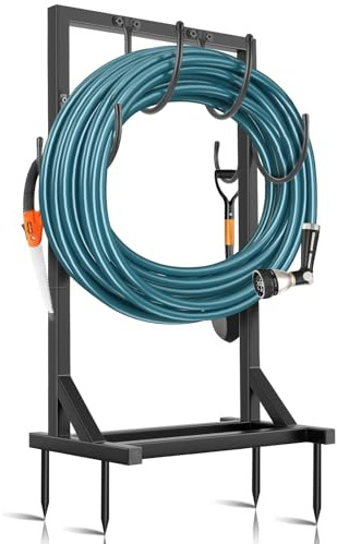 BOLITE Gartenschlauchhalter, Wasserschlauchhalter für den Außenbereich, mit 4 Spikes und 2 Werkzeughaken, robuster Metall-Schlauchaufhänger hält 45,7 m Schlauch, freistehendes Schlauchregal für