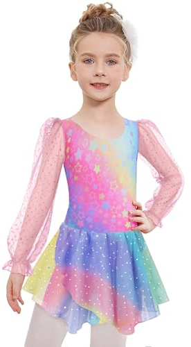 Arshiner Abbigliamento da Balletto per Ragazze Vestito da Balletto a Maniche Lunghe Stelle Arcobaleno Vestito da Danza per Bambini Body da Danza in Cotone con tutù 3-4 Anni