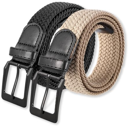Utensilsto 2 Stück Stretchgürtel Herren Stoffgürtel Gürtel Ohne Löcher Elastischer Flechtgürtel Geflochtener Dehnbarer Gürtel für Herren Damen Schwarz, Khaki