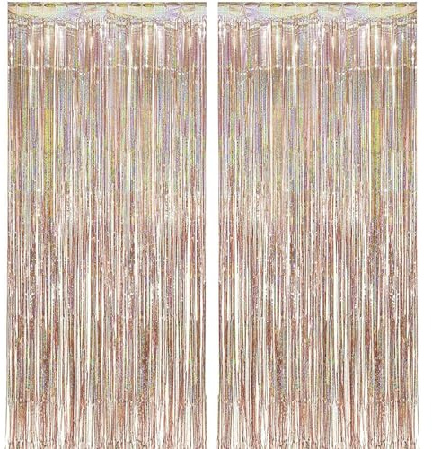 Champagne Gold Glitter Metallic Tinsel Foil Fringe Curtains Party Decor | 2Pcs 3.3 x 8.2ft for Photo Booth Props, Bachelorette, New Years Eve 2027, Retirement Prom, Graduation Party Decorations