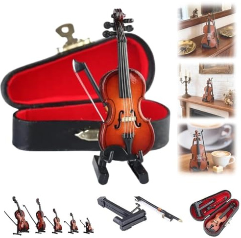 Homtrator Figurine Miniature De Violon Jouable, Réplique De Violon À Collectionner avec Support, Étui Et Archet, Porte-clés pour Maison De Poupée avec Musique Triste
