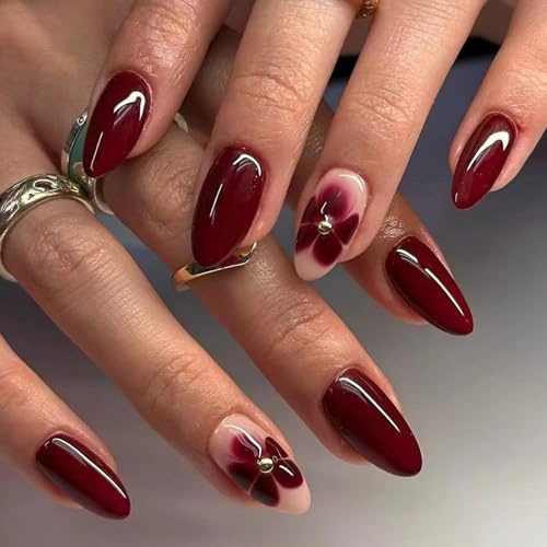 Burgundy Glue on False Nails - Soft Gel Press on Nails Almond Medium with Red Flowers - 24PCS Cherry Red Stick on Nails for Women - Glossy French Fake Nail with Glue,Christmas Nail Art Decoration