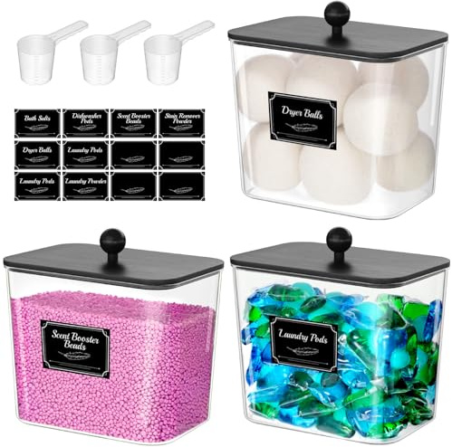 Lifewit 3 st 2700 ml/93.6 oz tvättmedelsförvaring för tvättkapslar med etiketter och sked, tvättmedelsförvaringsbox med bambulud, tvättmedelbox för pulverpärlfräschare, Svart