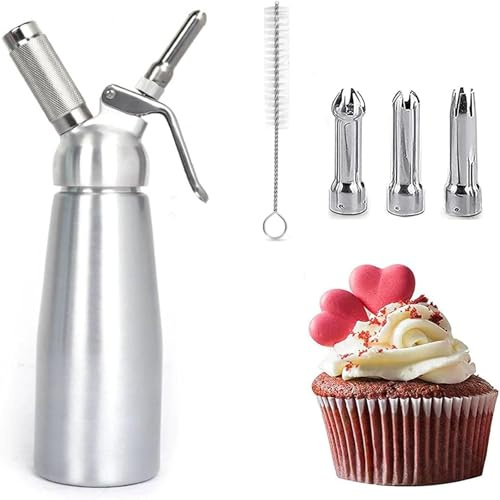 UDNUYFGZ Sahnespender 250mL mit 3 Edelstahl Spritztüllen und 1 Bürste, 0,25L Sahnebereiter Sahne Spender Aus Aluminium für Heiße und Kalte Cremes Schlagsahne Soßen